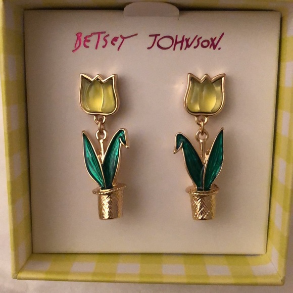 Betsey Johnson Gold Tone Yellow Resin Tulip Drop Earrings NIB - Picture 4 of 10